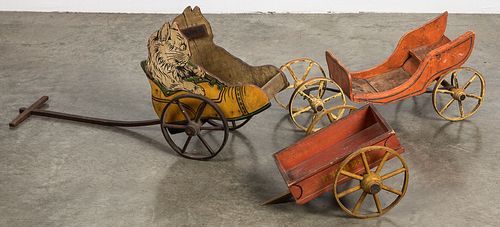 Child's painted wood cat in a shoe doll cart