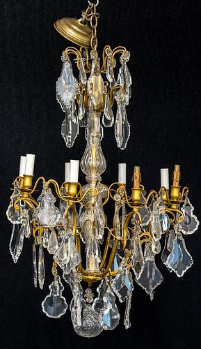 Crystal and brass chandelier, 31" h.