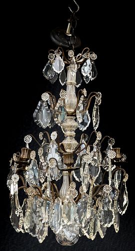 Crystal and brass chandelier, 28" h.