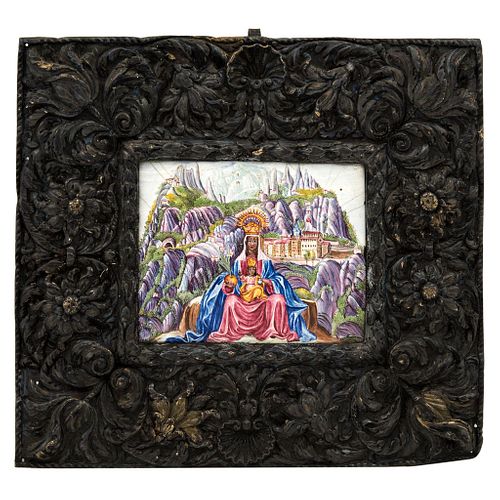 Nuestra Señora de Monserrat. Europa, SXVIII. Esmalte policromado. Marco dorado con motivos florales. 35 x 27 cm
