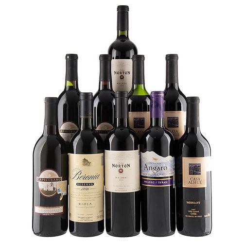 Vinos Tintos de Argentina, Chile, U.S.A. y España. a) Angaro. b) Capistrano. c) Norton. Total de piezas: 10.
