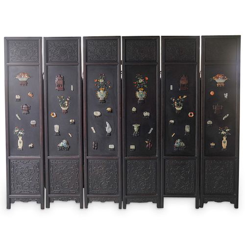 (6 Pc) Antique Chinese Hardstone and Lacquered Wood Screen