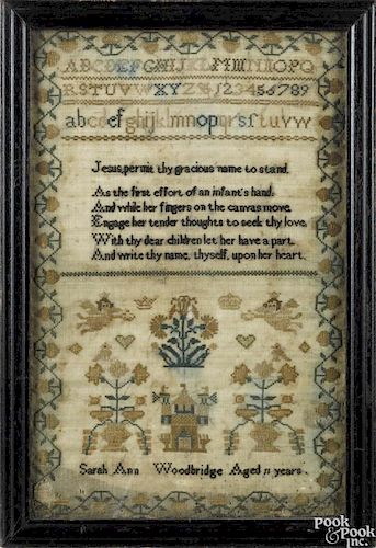 English silk on linen sampler, early 19th c., wrought by Sarah Ann Woodbridge, 12 1/2'' x 8''.