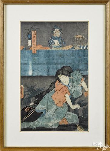 Two Japanese woodblock prints, by Kuniyoshi and Toyokuni, 13'' x 9'' and 13'' x 8''.