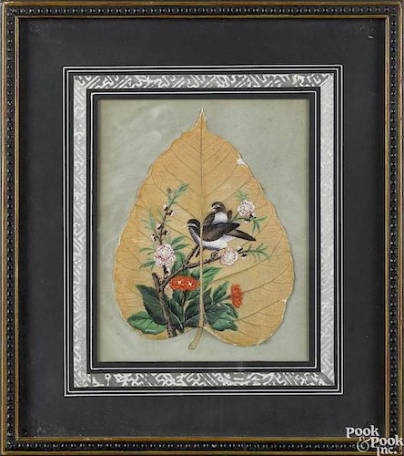 Pair of Orientalist painted leaves, ca. 1900, 7 1/2'' x 6''.