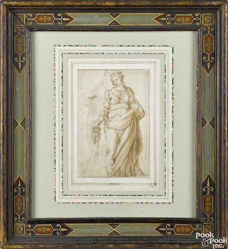 Italian double-sided charcoal portrait of Charity and Religion, 17th/18th c., 10'' x 6 3/4''