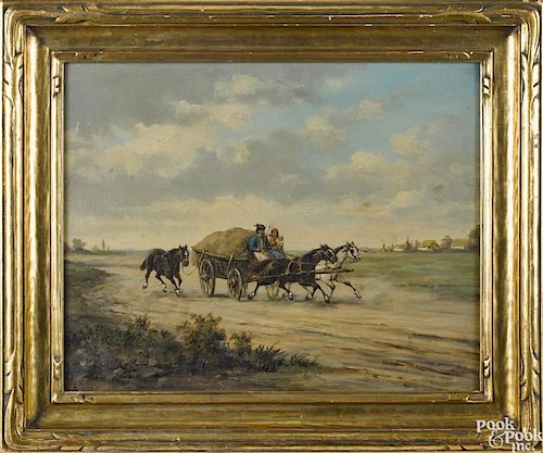 Continental oil on canvas, titled Returning From Market, signed R. Palota, 16 3/4'' x 21''.