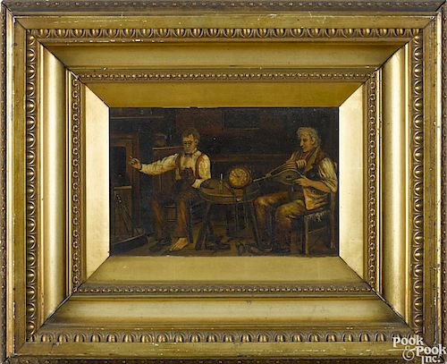 Oil on canvas interior, late 19th c., with two men, signed F. Wood, 8'' x 12''.