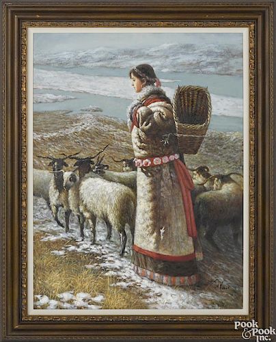 Chinese, oil on canvas of a woman with goats, signed Shimo 1996, 40'' x 30''.