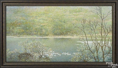 Contemporary Chinese, oil on canvas landscape with swans on a lake, 32'' x 60''.