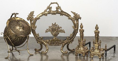 Brass figural coal scuttle, 23'' h., together with a Rococo cast brass fireplace screen, 28'' h.