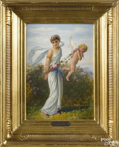 Joseph Bouvier (British, fl.1839-1888), oil on panel of a young maiden and cherub, signed