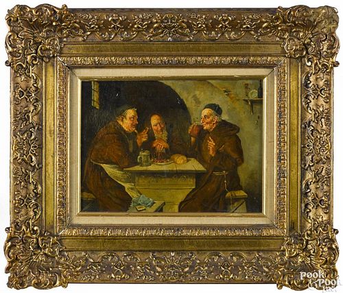 Continental oil on board tavern scene, late 19th c., signed indistinctly S. V___, 10'' x 14''.