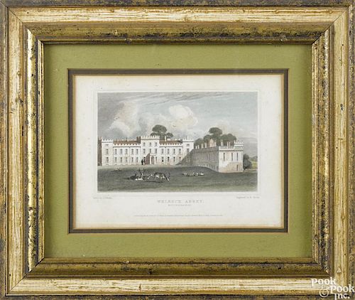 Two English color engravings of Welbeck Abbey and Antrim Castle, 3 1/4'' x 5''.