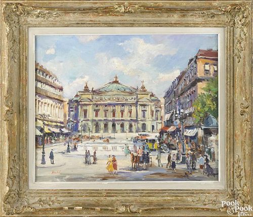 Oil on canvas of the Paris Opera House, early 20th c., signed Daube, 16'' x 20''.