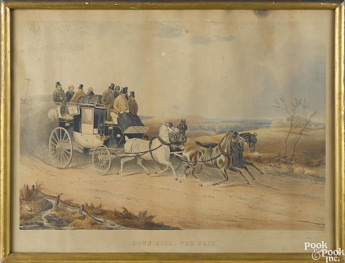 After Shayer, two English color coaching engravings, titled Down Hill The Skid
