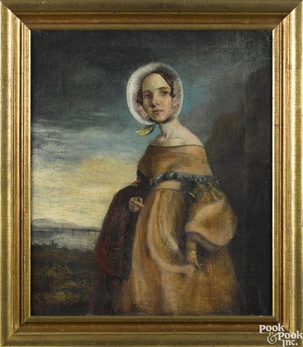 Continental oil on canvas portrait of a woman, ca. 1830, 20'' x 17''.