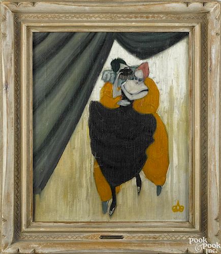 Oil on canvas of two figures in masquerade, early 20th c., monogrammed lower right