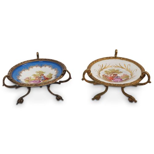 (2 Pc) Sevres Porcelain and Bronze Raised Dishes