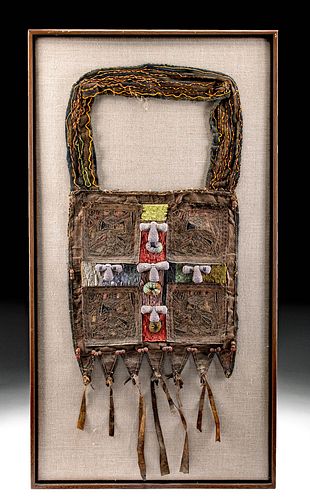 Framed 19th C. African Yoruba Beaded Leather Priest Bag