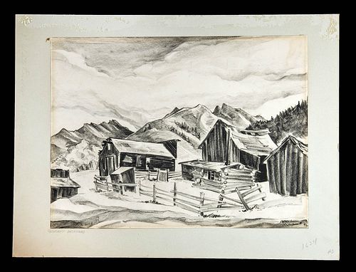 Signed Sibell Wolle Drawing "Ashcroft Backyard", 1946