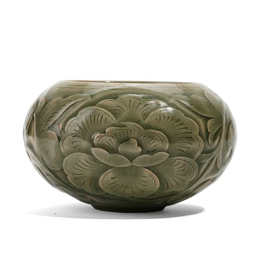 A CARVED CELADON FLORAL WATERPOT