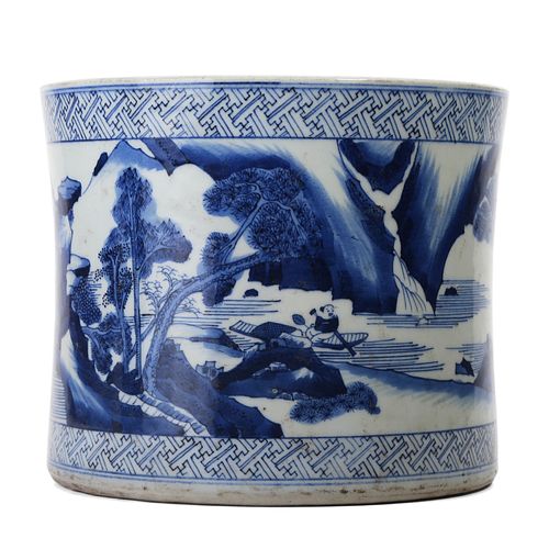 A BLUE AND WHITE 'LANDSCAPE AND FIGURES' BRUSHPOT