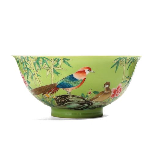 A GREEN-GROUND 'FLOWERS AND BIRDS' BOWL