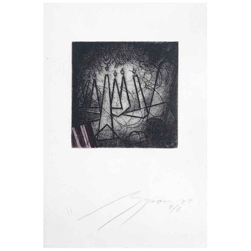 BYRON GÁLVEZ, Sin título, Firmado y fechado 84, Grabado E/E, 11.5 x 11.5 cm | BYRON GÁLVEZ, Untitled, Signed and dated 84, Engraving E/E, 4.5 x 4.5" (