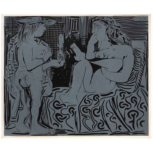 PABLO PICASSO, Two Women with Vase of Flowers, de carpeta de 1963, Sin firma, Linoleograbado s / n de tiraje de edición de 520, 27x32cm | PABLO PICASS