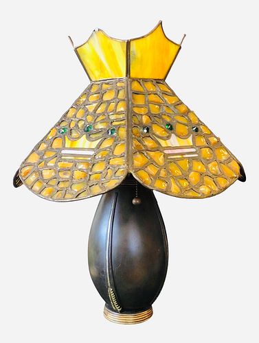 Antique Bronze and Stained Glass Elaborate Lamp
