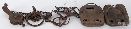 Pair of horse swamp or marsh shoes, 19th c., 8 1/2'' l., together with an early iron pulley and chain