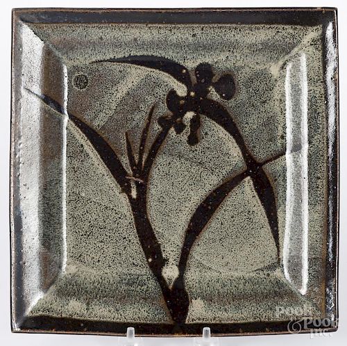 Attributed to Shoji Hamada (1894-1978), Japanese stoneware square dish, 9 3/4'' w.