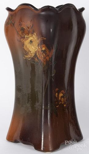 Art pottery umbrella stand, early 20th c., with floral decoration, probably Weller pottery, 23'' h.