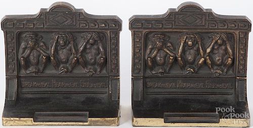 Pair of Bradley and Hubbard bronze bookends with Hear no Evil, Speak no Evil, See no Evil monkeys