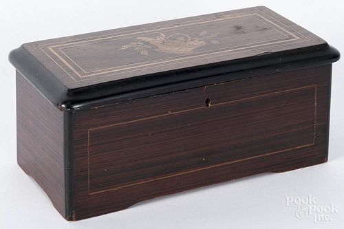 Swiss rosewood cylinder music box, 19th c., with a floral basket inlay on the lid