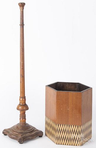 Turned wood hat stand post, 20th c., 24 1/4'' h., together with a hardwood trash can