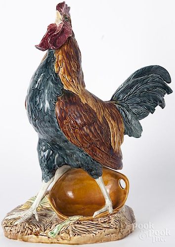 Large Continental majolica rooster vase, early 20th c., inscribed Louis Carrier Belleuse