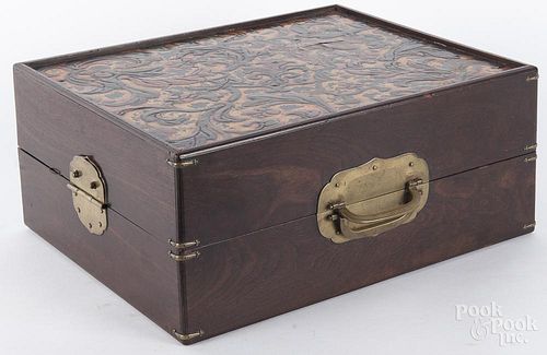 Japanese hardwood inro carrying case with a painted top and bottom, 6 3/4'' h., 15 1/2'' w., 12 3/4'' d.