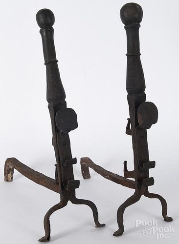 Pair of wrought iron andirons, 18th c., 23'' h.