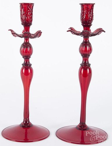 Pair of red ruby candlesticks, 20th c., 14'' h.