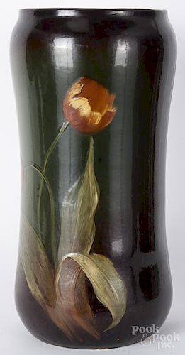 Radford Ruko art pottery umbrella stand, early 20th c., with tulip decoration, 23'' h.