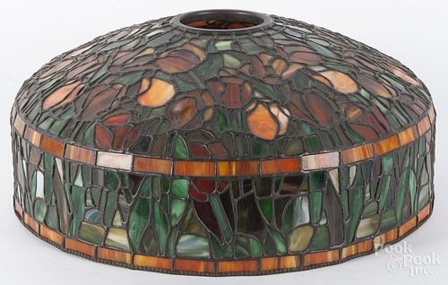 Slag glass hanging shade, ca. 1970, with earth tone floral decoration, 8'' h., 18 1/2'' dia.