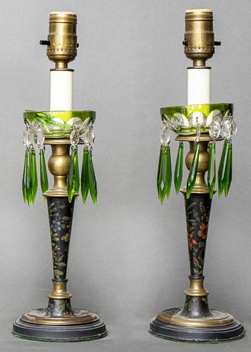 English Painted Green Glass Luster Lamps, Pr