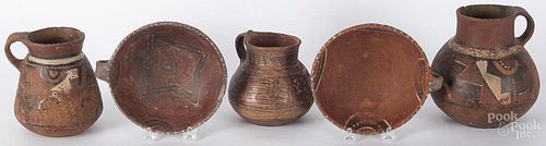 Five pre-Columbian redware vessels retaining old red, white, and black surface paint, jug - 7'' h.