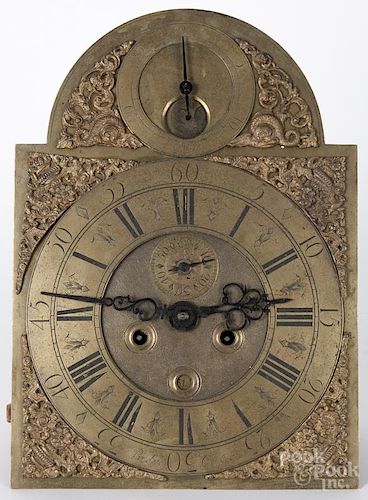 English brass face tall case clock movement, ca. 1800, inscribed Presbury Chester