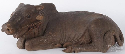 Large carved wooden bull, ca. 1900, 31'' l.