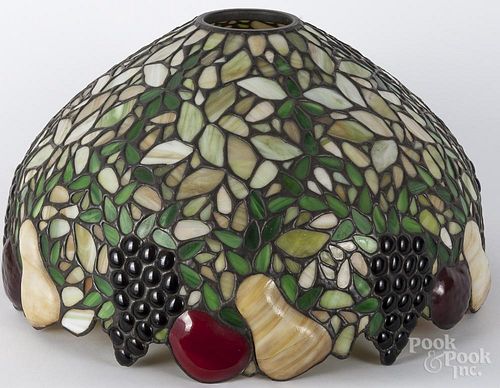 Slag glass hanging shade, ca. 1970, with relief fruit decoration, 11'' h., 20 1/2'' dia.