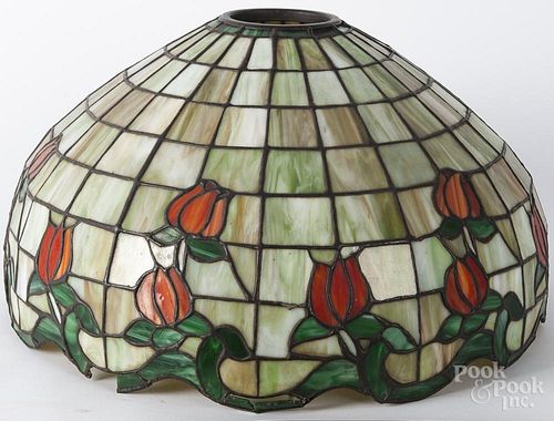 Slag glass hanging shade, ca. 1970, with floral decoration, 11'' h., 20'' dia.
