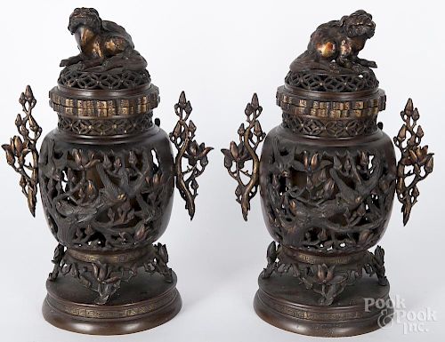 Pair of Japanese patinated bronze censers, early 20th c., with openwork bird and floral details